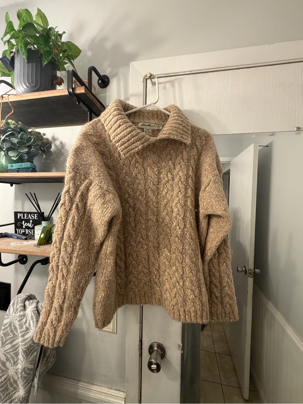 Eddie Bauer 100% Wool Cozy Cable Knit Collared Sweater - Beige